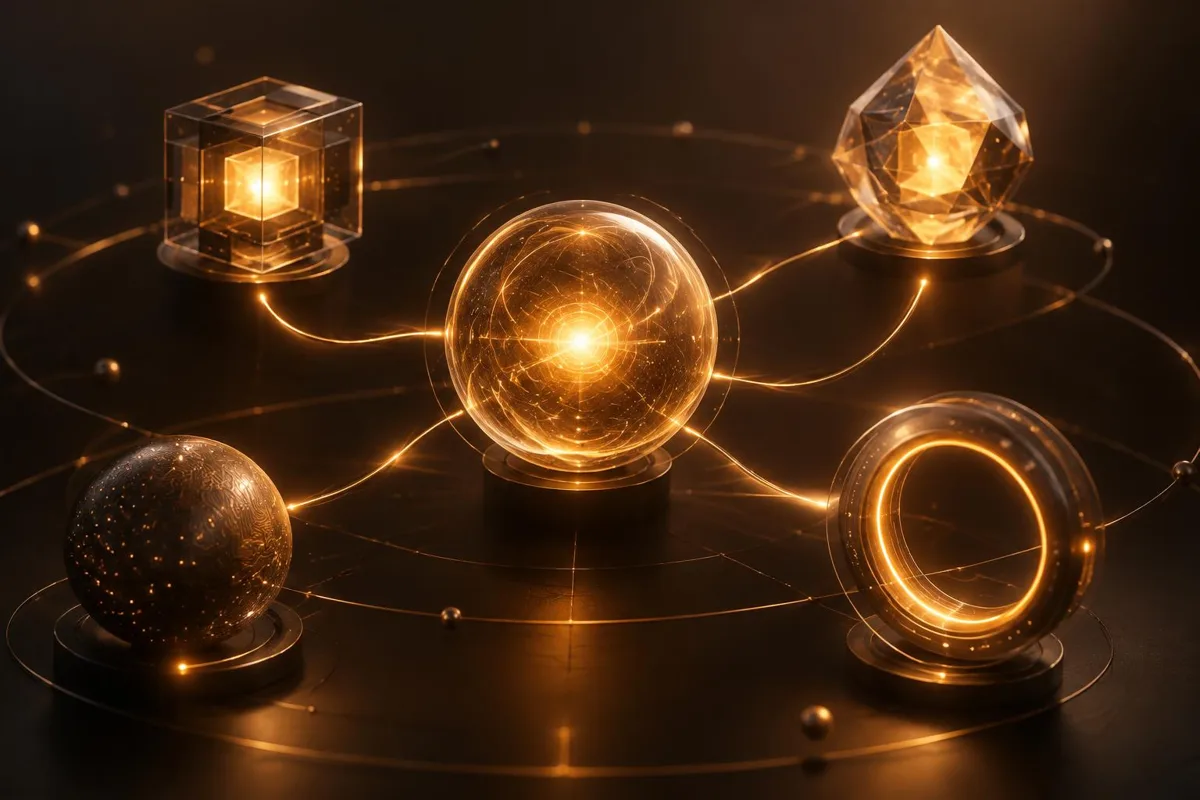 Verschiedene leuchtende KI-Kerne als spezialisierte Module eines gemeinsamen Systems in Amberlicht