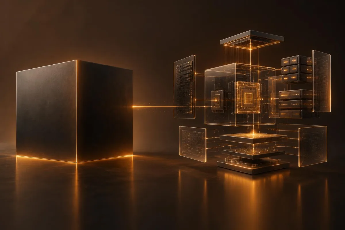 Geschlossener dunkler Block neben einem geöffneten, modular sichtbaren KI-System in Amberlicht