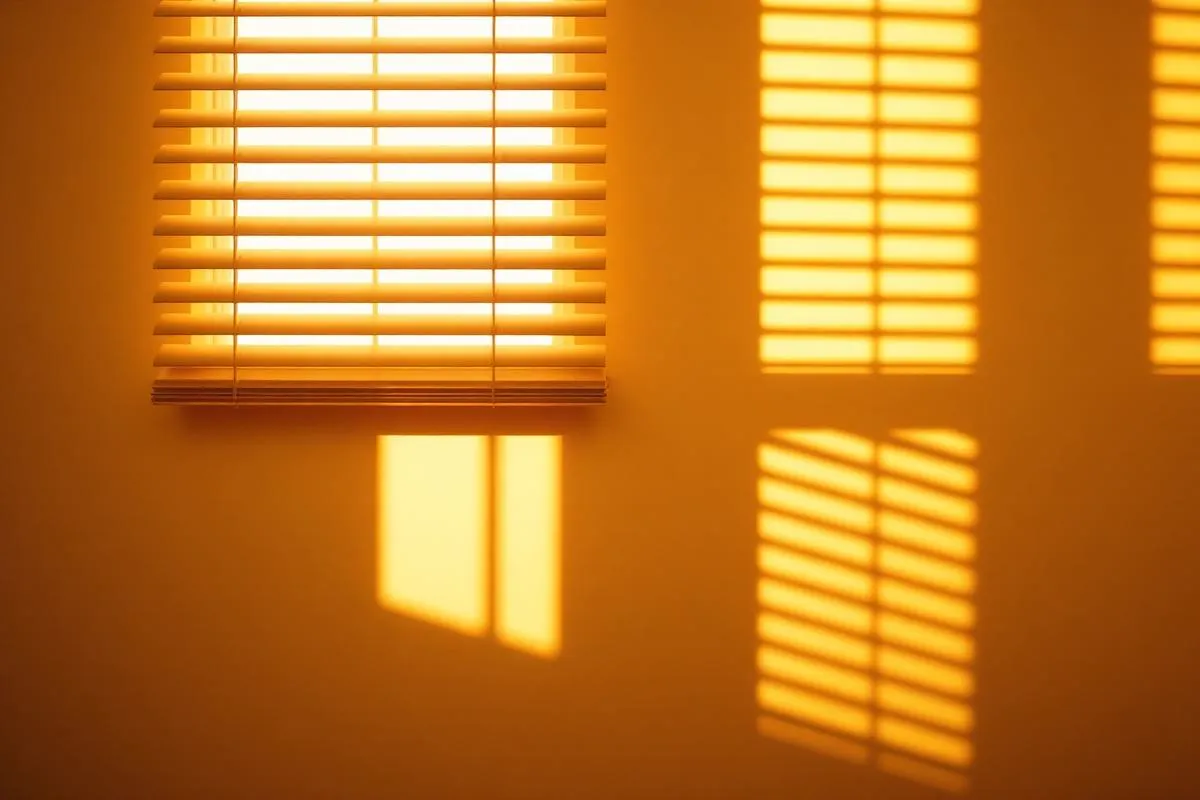 Warmes Licht fällt durch eine Jalousie auf eine helle Wand