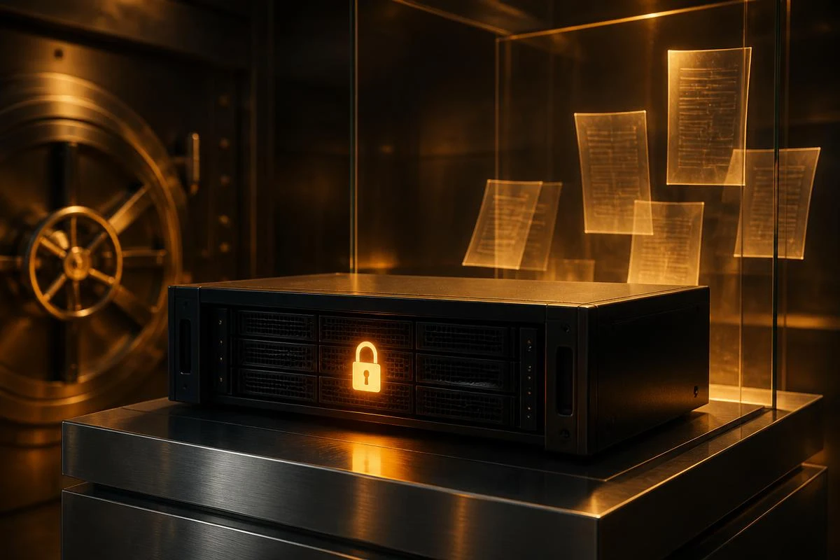 Server-Modul in einem sicheren Tresor mit leuchtendem Schloss und schwebenden Dokumenten in Amberlicht