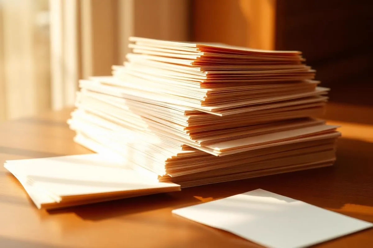 Gestapelte Papierbögen im warmen Sonnenlicht